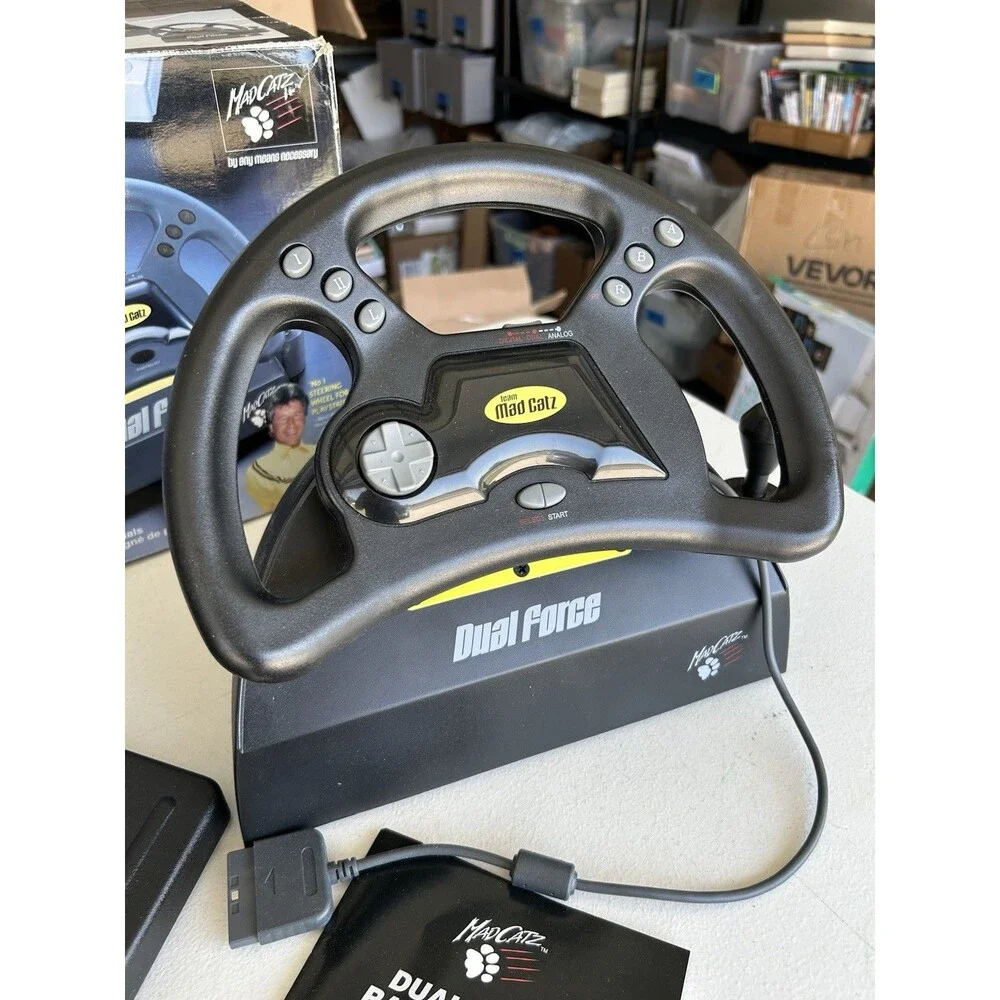 Mad Catz Dual Force Racing Wheel Pedals PS1 PS2 Complete In Box Tested Working